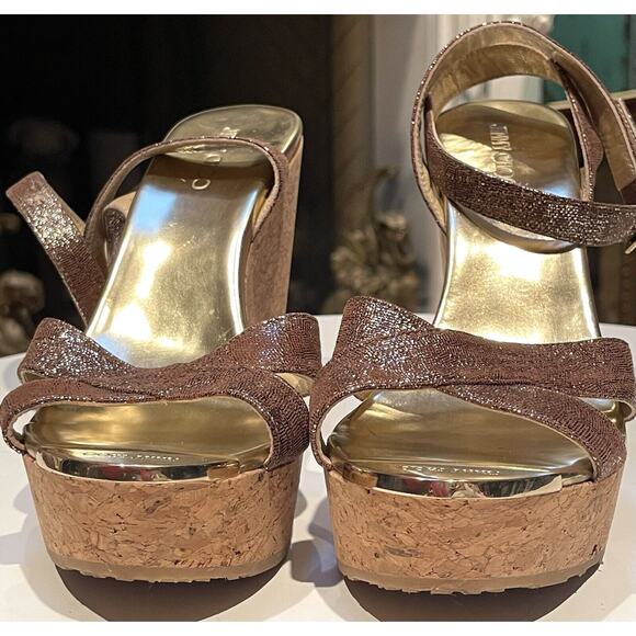 Jimmy Choo Papyrus Gold Copper Shimmer Leather Cork Wedge Sandals Ankle 38.5 - Picture 10 of 12
